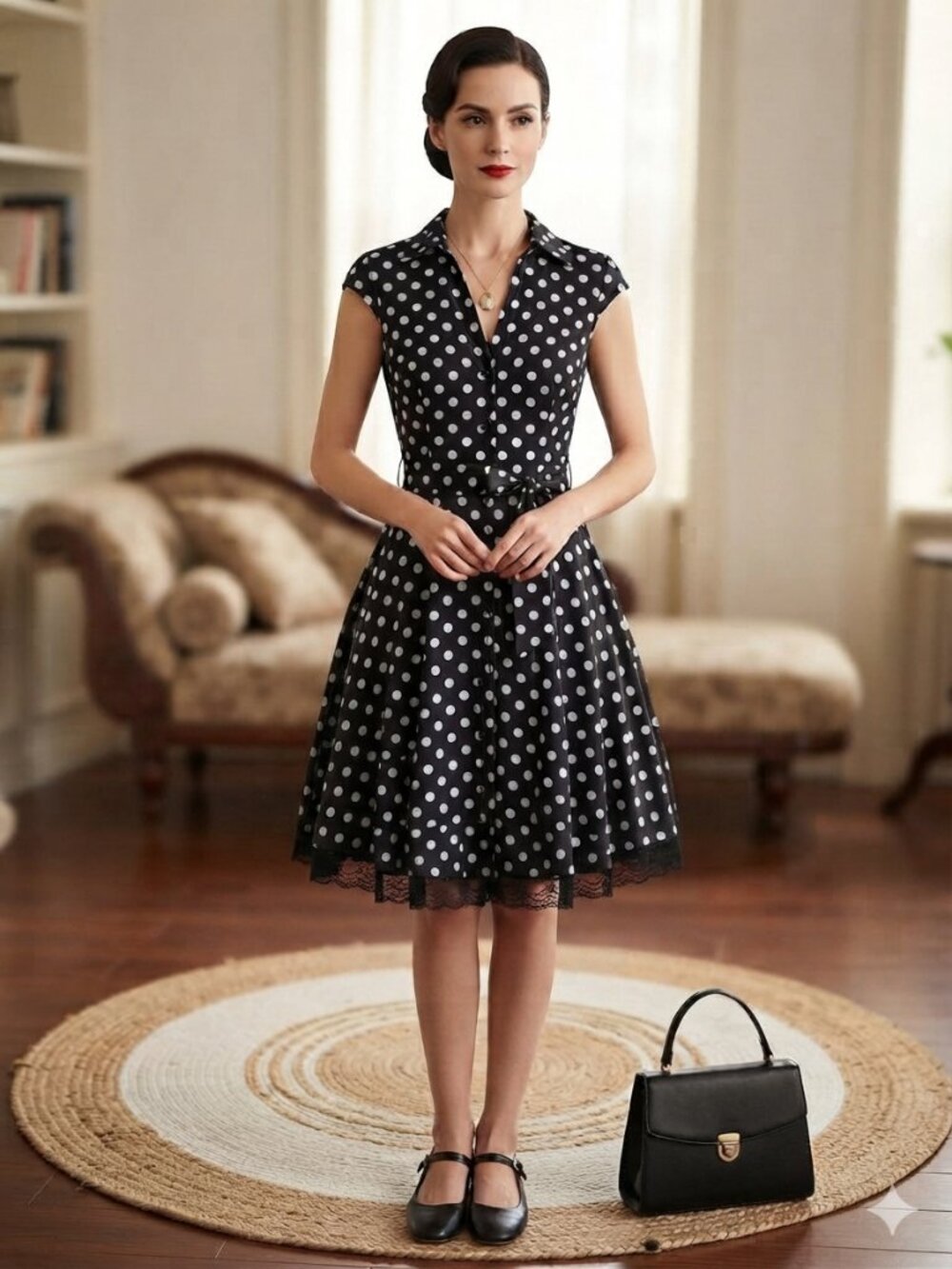 Guess Black and White Polka Dot Shirt Dress Retro Rockabilly  Timeless Summer